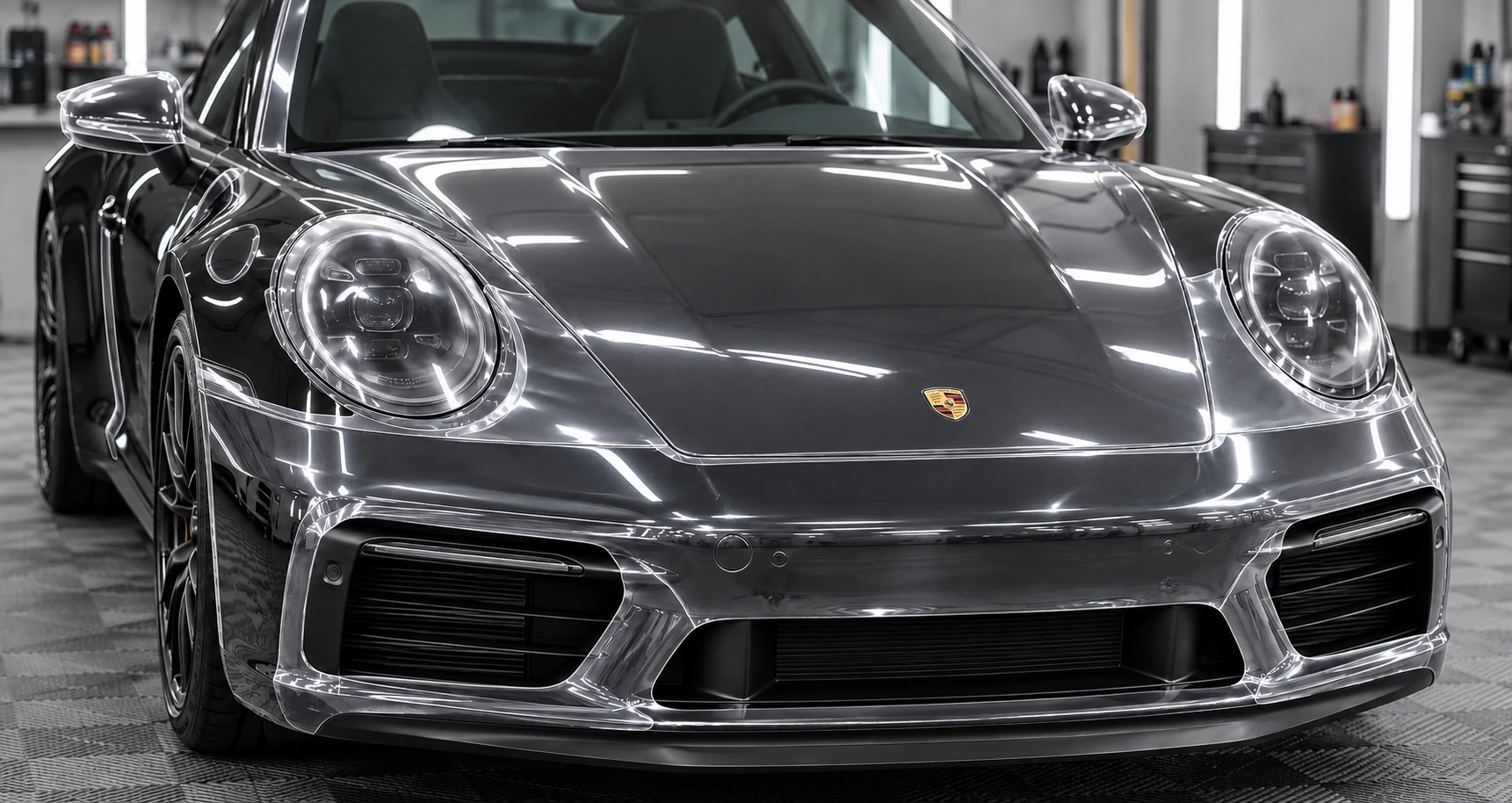 سيارة Porsche مع حماية شفافة للكبوت والصدام والليتات والمرايات