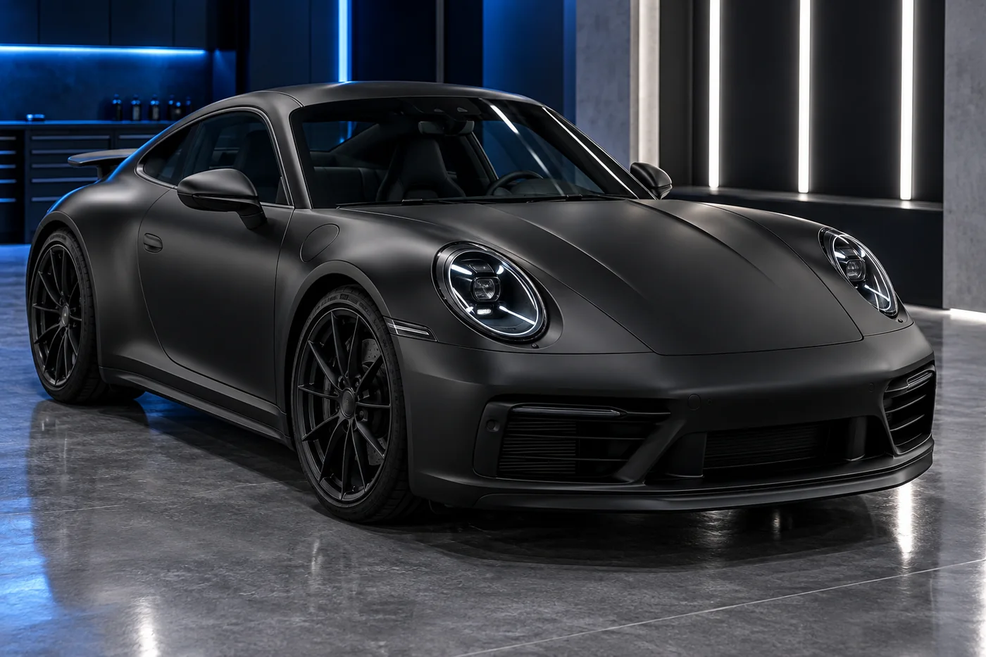 Porsche مغطاة بفيلم أسود مطفي